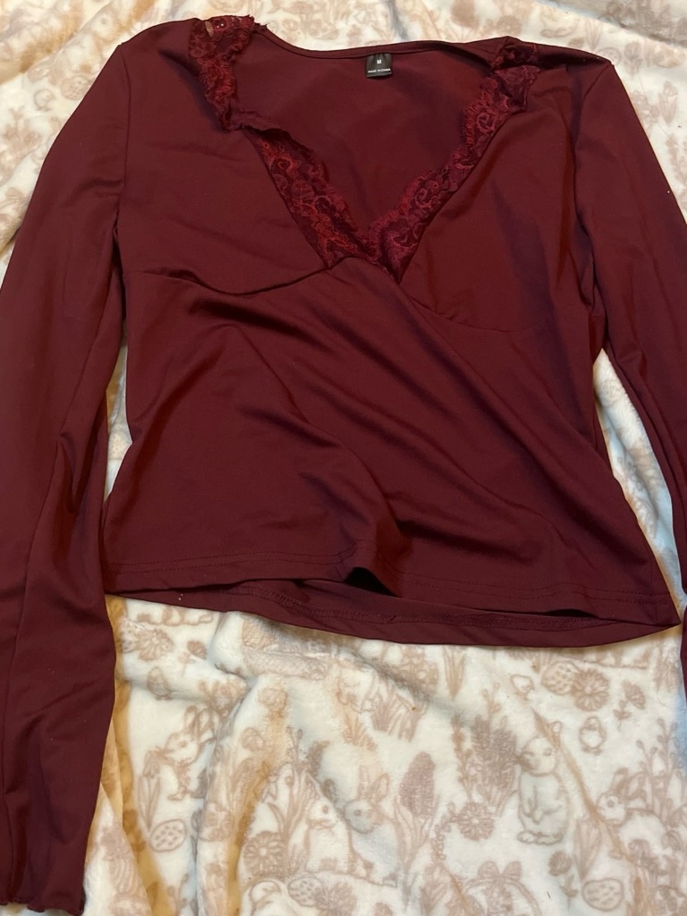 Women's Burgundy Lace Trim Wrap-Style Long Sleeve Top